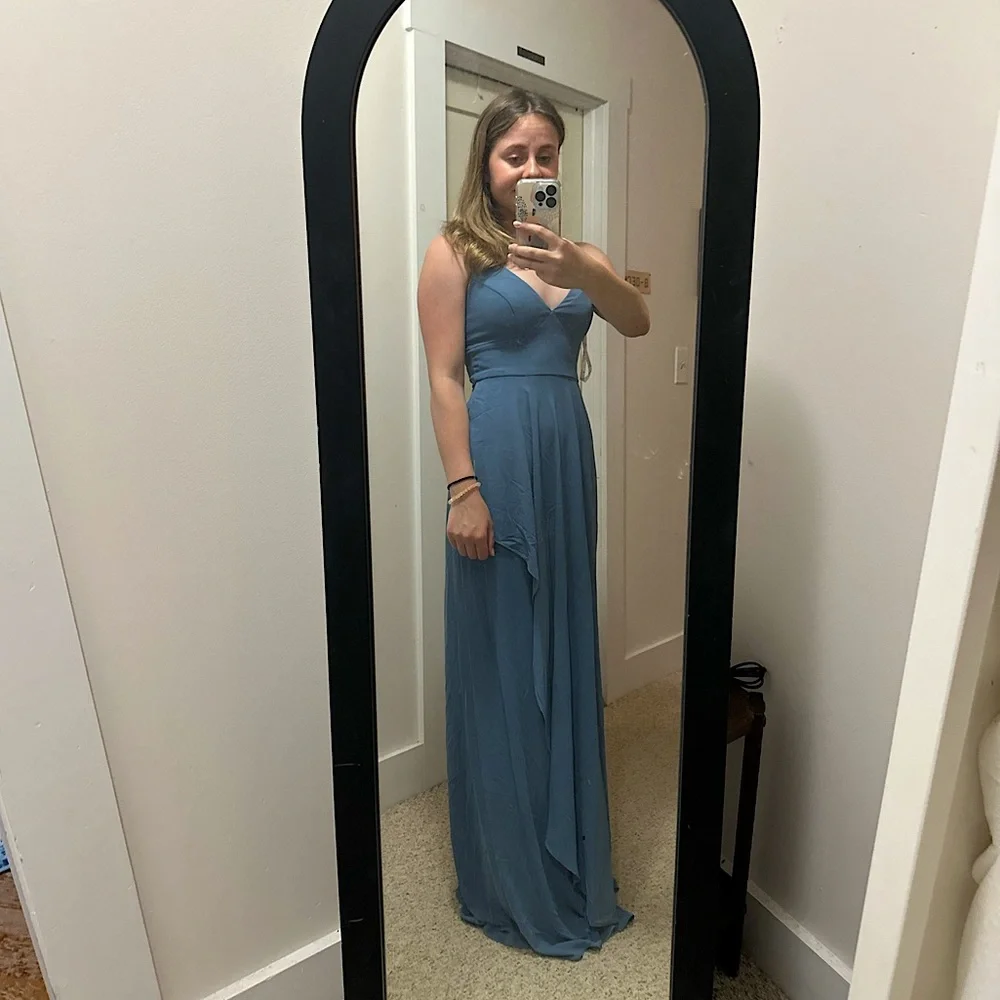 chiffon v-neck tank bridesmaid dress with cascade - Picture 3 of 6